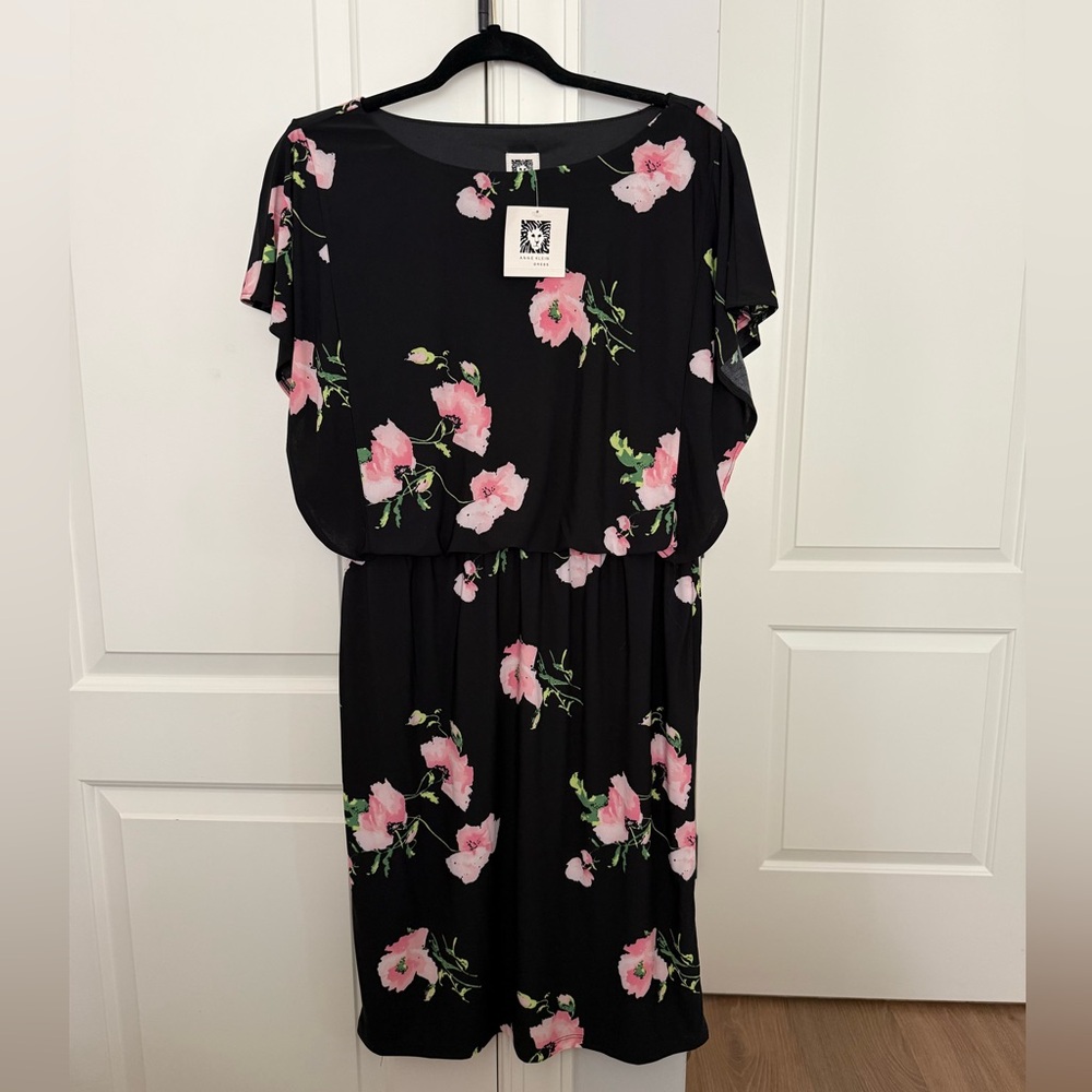 Anne Klein Black Maxi Dress with Pink Floral Print
